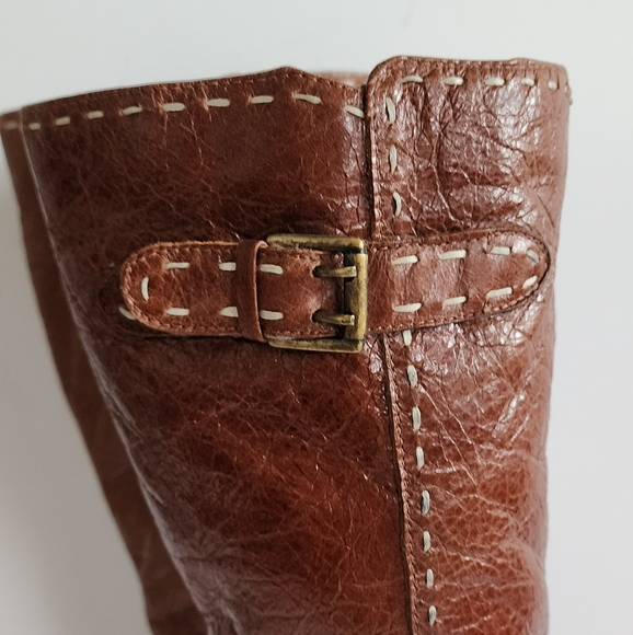 DIBA BOOTS COGNAC BROWN WEDGE HEEL KNEE HIGH ALMOND TOE BUCKLE LEATHER 7 - Picture 11 of 16